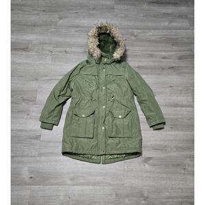 Time and Tru womens cotton polyest‎ olive parka coat Jacket fau fur Hood~S(4-6)
